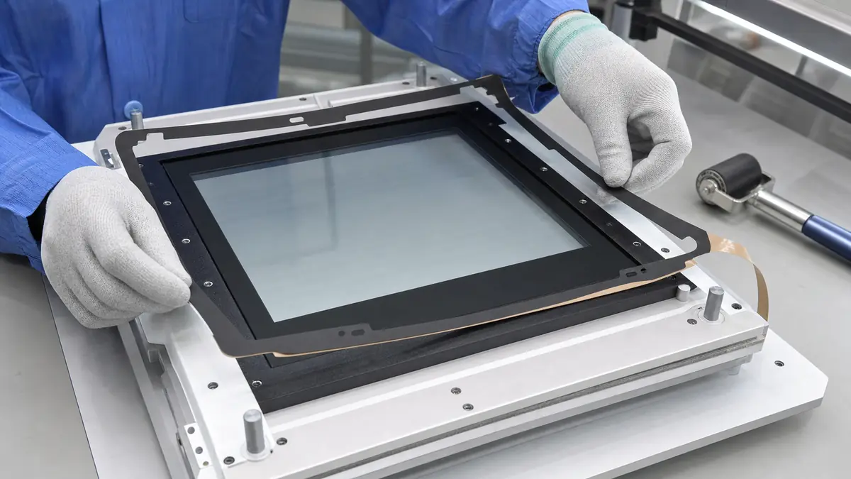 Technician aligning a die-cut black double-sided adhesive frame around an industrial touchscreen bezel